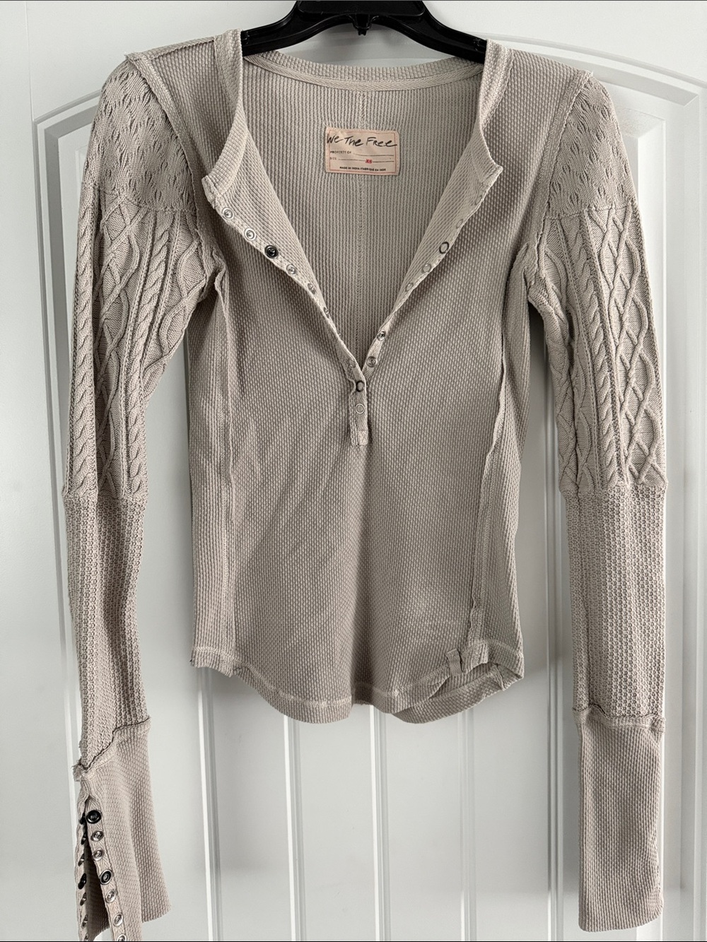 Free People Neutral Beige Cable-Sleeve Thermal Henley